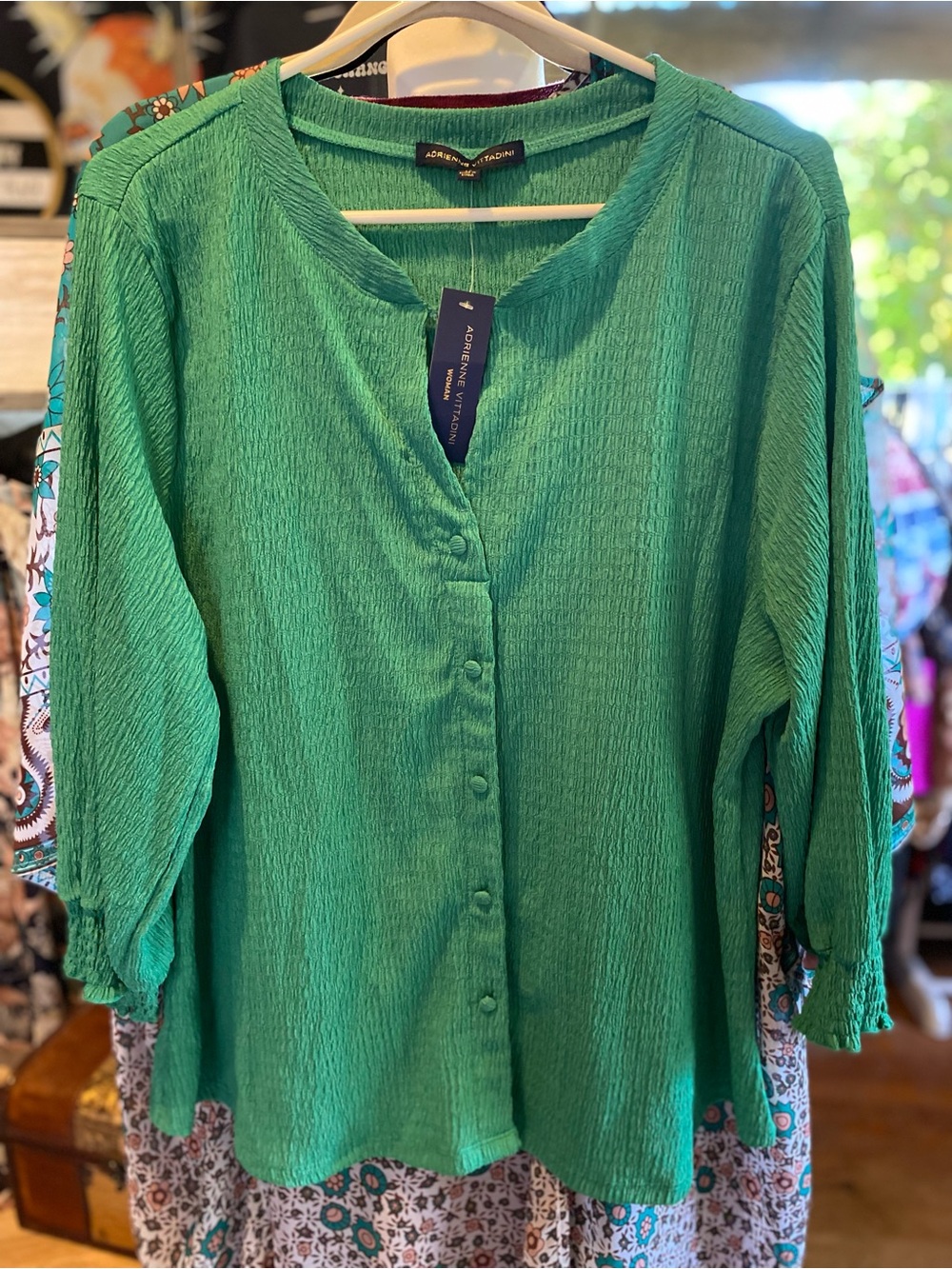 Adrienne Vittadini Kelly green Button-Front Textured Blouse